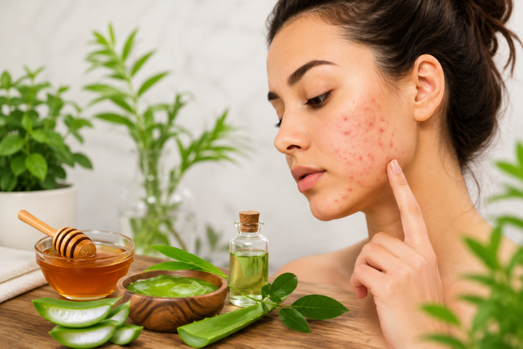Young woman with hormonal acne on her face using natural skincare ingredients like aloe vera, honey, and herbal oil for home acne treatment in a clean spa-like setting.