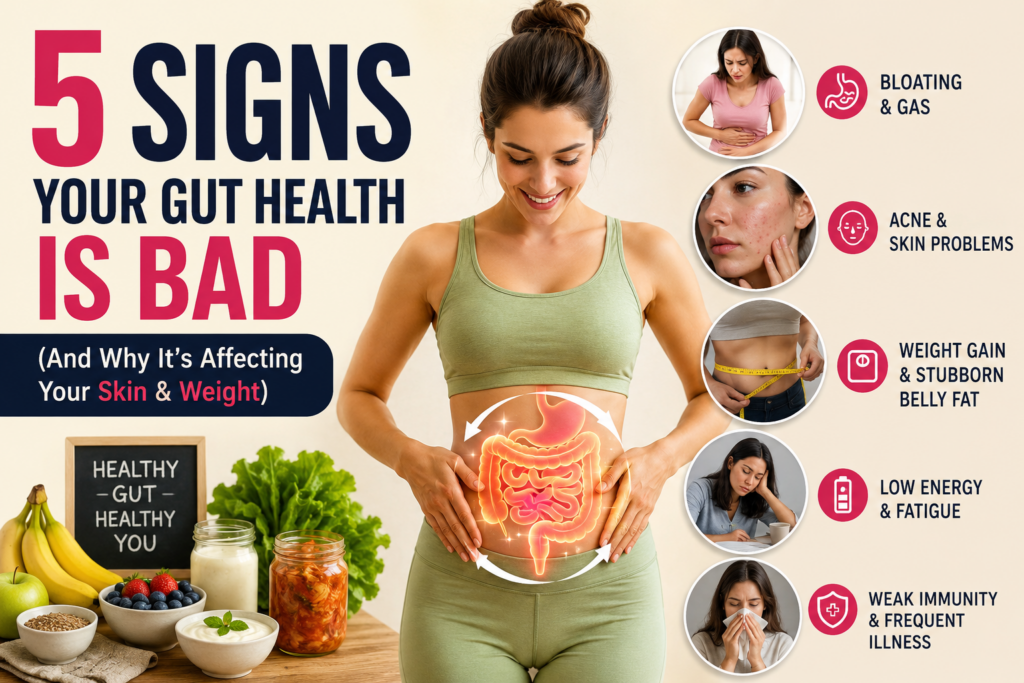 “Infographic showing 5 signs of bad gut health affecting skin and weight, including bloating, acne, belly fat, fatigue, and weak immunity, with a woman holding her stomach and healthy probiotic foods displayed.”